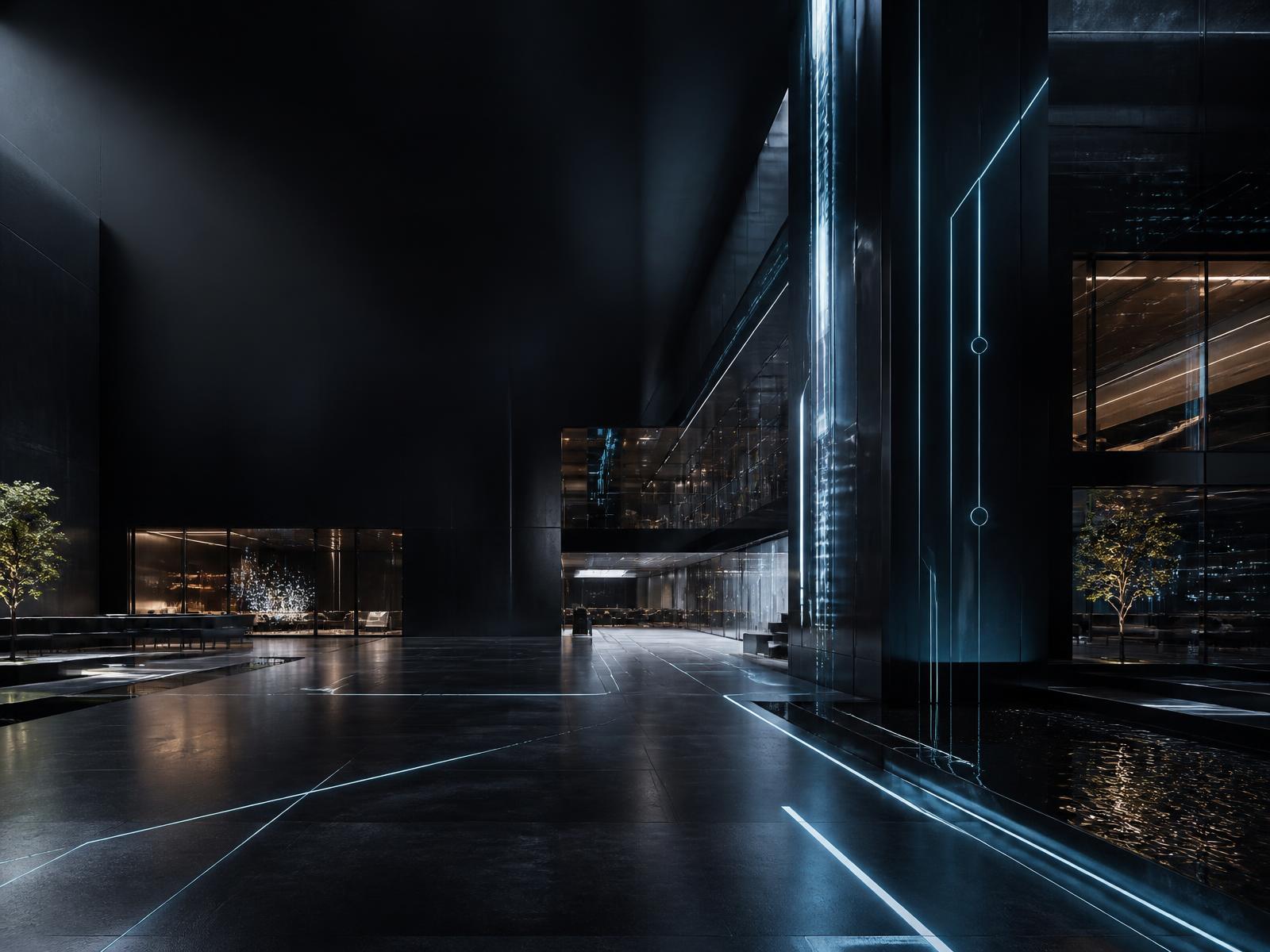 A futuristic, intelligent company headquarters illuminated by pathways of data